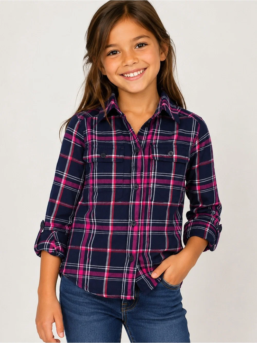 TOMMY HILFIGER Girls Button down shirt Size 6 Plaid 100% Rayon Roll up sleeve